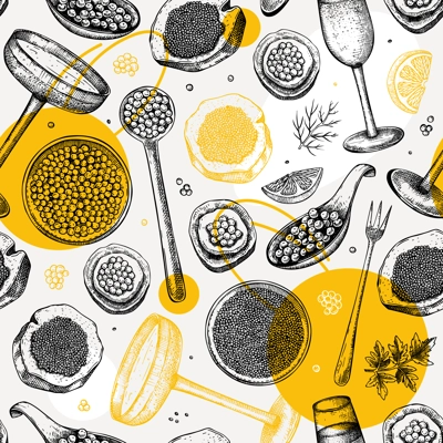Caviar and champagne hand drawn illustrations collection. Hand drawn red caviar canape, canned black caviar, sparkling wine bottle, glasses sketches set. Seafood drawings isolated on white background